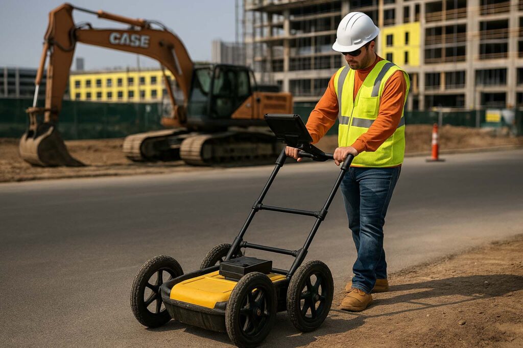 Construction worker using a ground-penetrating radar (GPR) system on pavement near a commercial building with traffic barrels in the background.