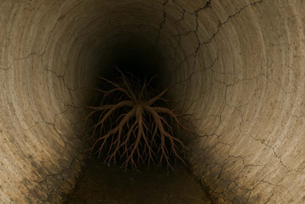 Interior of a reinforced concrete sewer pipe showing cracks and root intrusion, as documented during Sanitary Sewer Evaluation Reports.
