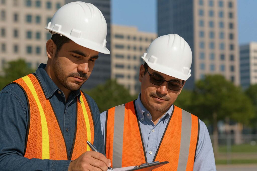 Two construction engineers in safety vests and hard hats reviewing a drainage inspection report on a clipboard at a city job site.