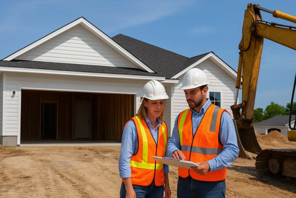Civil engineering design in progress for a single family home site, with two engineers reviewing plans at a residential construction site.